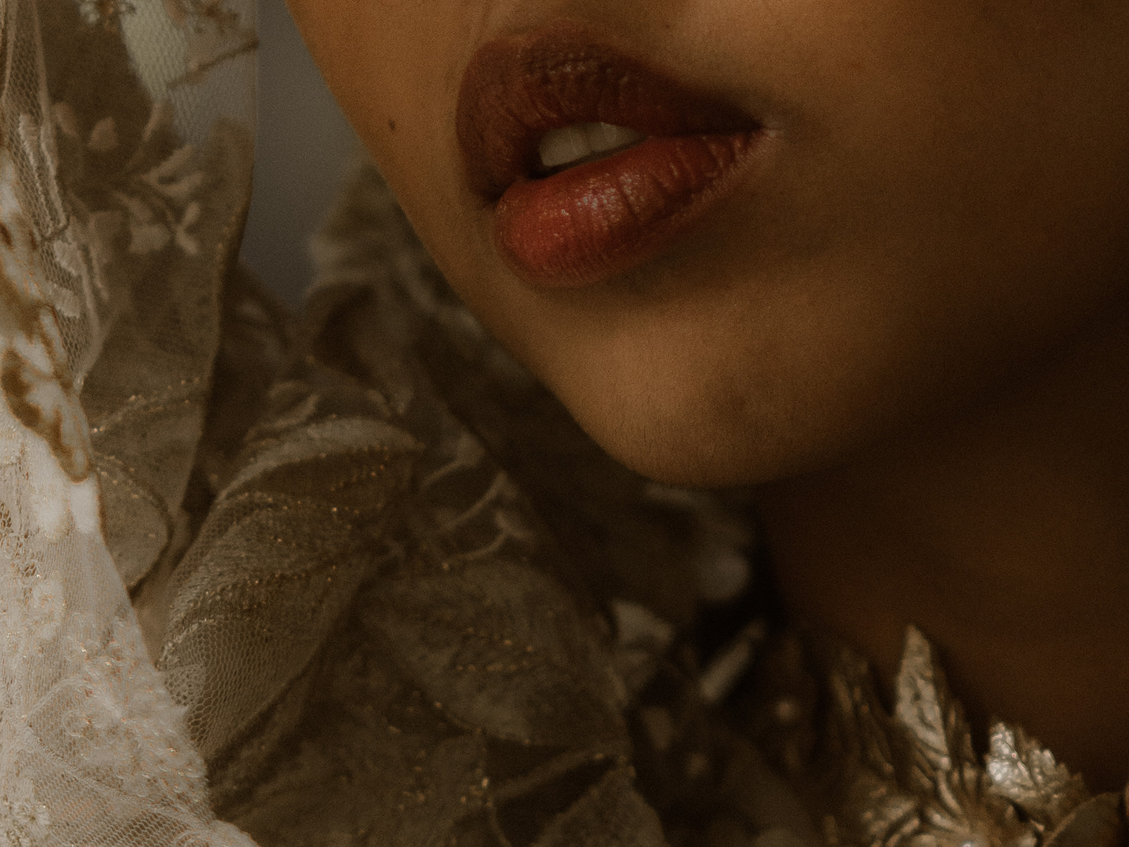 Nahaufnahme Braut – Lippen und Spitzenschleier